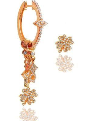 Normadia Parlak Gümüş Rose Zirkon Taşlı Yonca Şans Küpe, Şık ve Zarif Tasarım