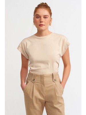 Dilvin Kadın Bej Bisiklet Yaka Penye T-Shirt 3504