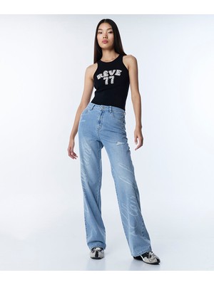 Twist Slogan ve Hotfıx Baskılı Jean Pantolon TS1260018008629