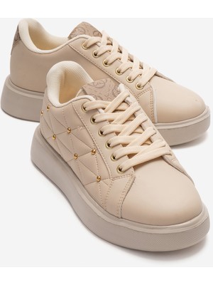 Ccway Bağcıklı Troklu Dikişli Cilt Kadın Spor Ayakkabı Bej Bej