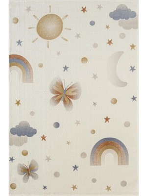 Karmen Halı Icon Kids IC010R Krem Renk Akrilik Gökkuşağı Ay Bulut Desenli Çocuk Odası Halısı