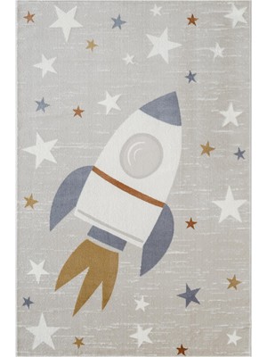 Karmen Halı Icon Kids IC013R Gri Renk Akrilik Roket ve Yıldız Desenli Çocuk Odası Halısı