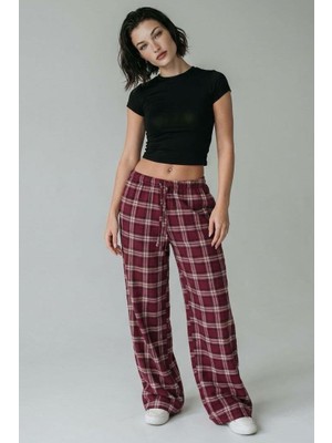 Madmext Bordo Lastikli Bel Geniş Paça Ekose Pantolon MG2658