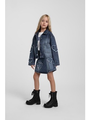 Escabel Kız Çocuk Kalp Işlemeli Denim Ceket 4-9 Yaş Mavi