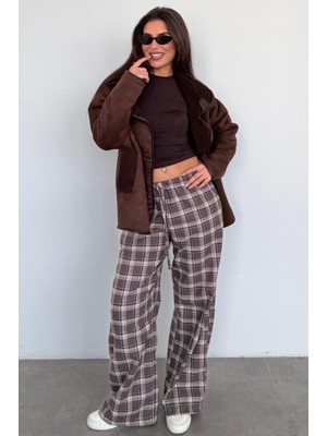 Madmext Acı Kahverengi Lastikli Bel Geniş Paça Ekose Pantolon MG2658