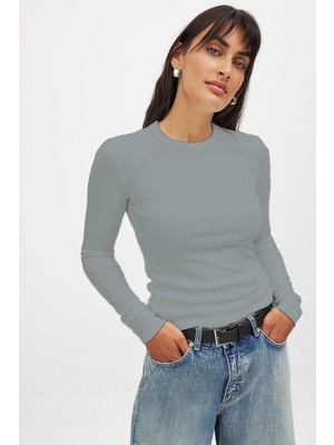 CHEISU Kadın Gri Uzun Kollu Bisiklet Yaka T-Shirt Bluz Kaşkorse Fitilli