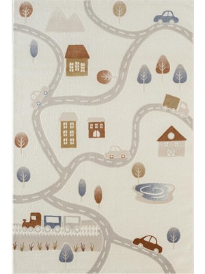 Karmen Halı Icon Kids IC012R Krem Renk Akrilik Trafik Yolu Desenli Çocuk Odası Halısı