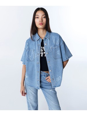 Twist Slogan ve Hotfıx Baskılı Jean Gömlek TS1260025145629