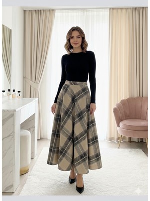 Ebrita Moda Kadın Kareli Midi Boy Kloş Etek - Yüksek Bel