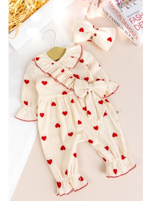 Babymod Kalp Desenli Fiyoklu 100% Pamuk Bandanalı Kız Bebek Tulum