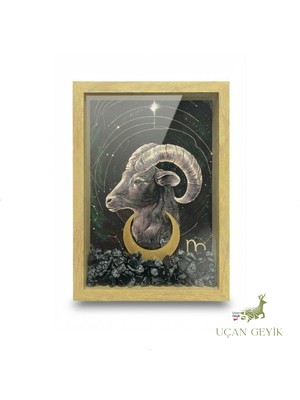 Uçan Geyik Ahşap Kenarlı Oğlak Burcu Tasarımlı Derin Çerçeve 18X22CM - Duvar Dekorasyonu