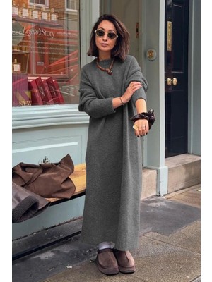 Madmext Antrasit Bisiklet Yaka Basic Triko Kadın Elbise MG2611