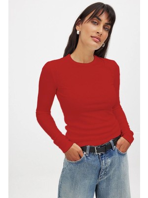 CHEISU Kadın Kırmızı Uzun Kollu Bisiklet Yaka T-Shirt Bluz Kaşkorse Fitilli