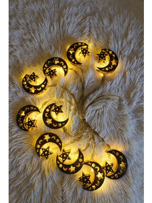 Peanelife Ramazan Ay Yıldız Figürlü Pilli Dekoratif LED Işık Zinciri 2 Metre 10 LED Çift Modlu