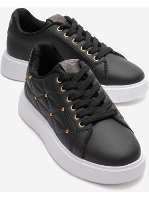 Ccway Bağcıklı Troklu Dikişli Cilt Kadın Spor Ayakkabı Siyah Beyaz