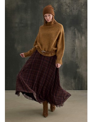 HE-QA Şifon Ekose Etek Camel