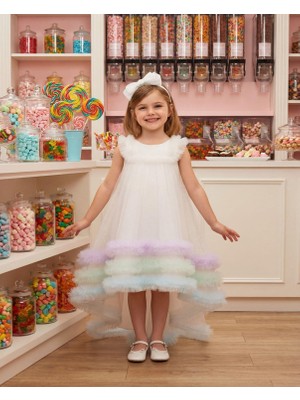 Kız Çocuk Kuyruklu Abiye Elbise  Tüllü Volanlı Prenses Model Taç Hediyeli 5-9 Yaş