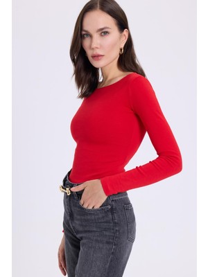 Tudors Kadın Slim Fit Dar Kesim Pamuklu Modal Kumaş Uzun Kollu Kayık Yaka Kırmızı Bluz