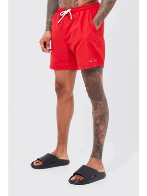 CHEISU Erkek Kırmızı Astarlı Hızlı Kuruyan Cepli Plaj Deniz Şortu