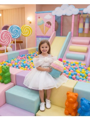 Butik Happy Kids Kız Çocuk Büyük Fiyonklu Taş Detaylı Tül Abiye Elbise Beyaz 2-6 Yaş