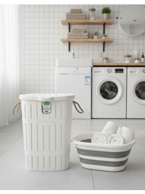 Buclee 65 Lt Halatlı Kirli Çamaşır Sepeti ve 27 Lt Katlanabilir Çamaşır Selesi Ikili Set|banyo Düzenleyici