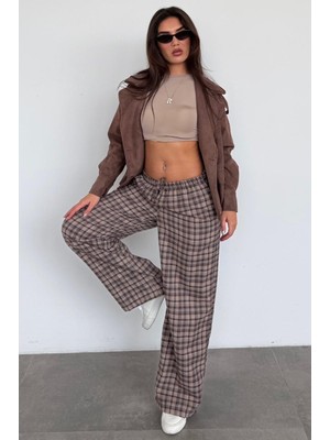 Madmext Kahverengi Lastikli Bel Geniş Paça Ekose Pantolon MG2658