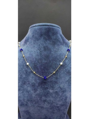 KirLinova Mavi Taş & Inci Detaylı Minimal Kolye -Saks