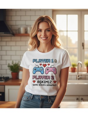 Oyuncu İşleri Sevgililer Günü Özel - Player 1 & Player 2 Aşkımız Game Over Olmaz Tasarımlı Tişört