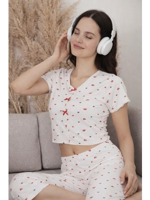 Pemilo Kadın Likralı 2027-8 Kaprili Kısa Kol Crop Pijama Takımı