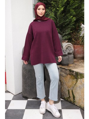 İmaj Butik Mürdüm Simli Merserize Triko Kazak