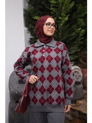 İmaj Butik Füme Polo Yaka Baklava Desenli Triko Kazak