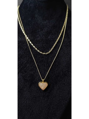 KirLinova Kalp Figürlü Gold Renk Çift Zincir Kolye -Altın