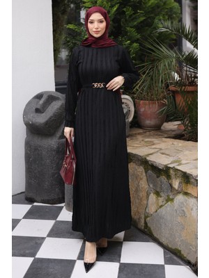 İmaj Butik Siyah Zincir Kemerli Fırfırlı Gofre Elbise