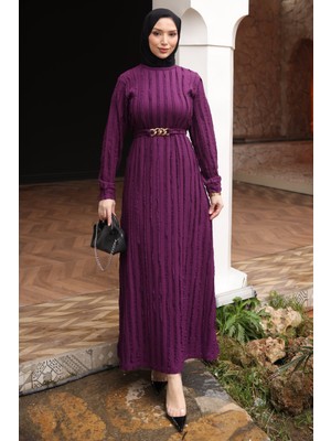 İmaj Butik Mor Zincir Kemerli Fırfırlı Gofre Elbise