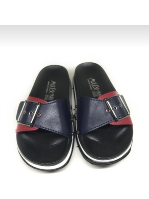 Mulex Kadın Lacivert Kırmızı Tokalı Terlik