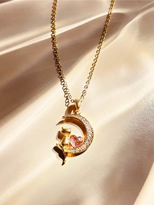 Normadia Şık Pembe Zirkon Kalp ve Kedi Tasarımlı Kadın Kolye