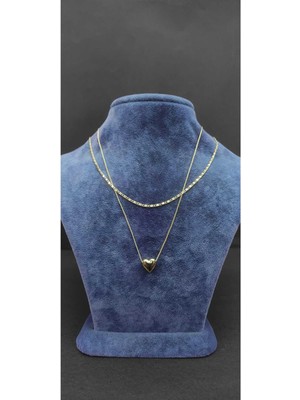 KirLinova Kalp Figürlü Çift Katmanlı Gold Görünümlü Kolye -Altın