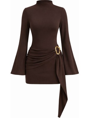 Mycparl Kadın Dik Yaka Toka Detaylı Kuşaklı Toparlayıcı Kalıp Mini Tasarım Elbise