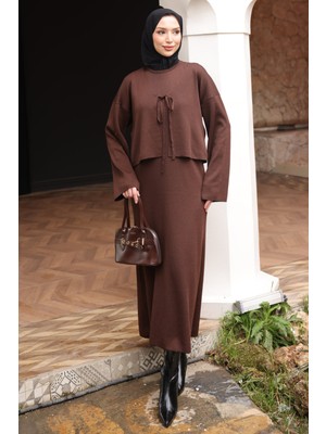 İmaj Butik Kahverengi Merserize Triko Hırka Elbise Ikili Kombin Takım