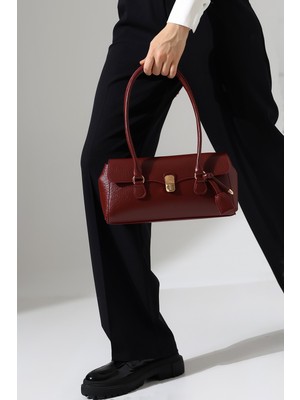 BALANZ Bordo Kadın Çanta Kilit Kapamalı Baget Deri El ve Omuz Çantası