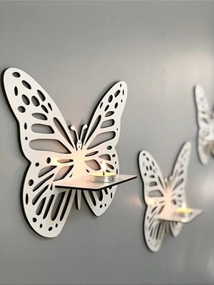 Numa Concept Raflı Kelebek 3'lü Beyaz Mdf Duvar Dekorasyon Lazer Kesim Her Biri 30X26 cm
