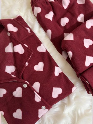 Kadın Kalp Desenli Boydan Düğmeli Polar Pijama Takımı