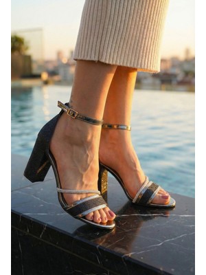 Eptc Kadın Önü Açık Tek Bant Biyeli Siyah Simli Abiye Topuklu Ayakkabı-Topuk Boyu 8 cm