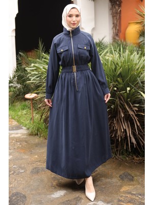İmaj Butik Lacivert Fermuarlı Lastik Kemerli Elbise