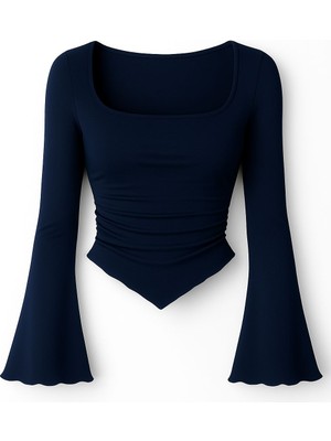 Mycparl Kırmızı Drapeli Kare Yaka Ispanyol Kol Bahar Sonbahar Bluz