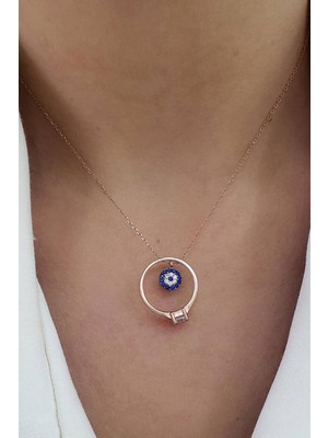 Nazar Boncuklu 925AYAR Gümüş Üzerine Rose Altın Kaplama Tek Taş Yüzük Figürlü Aşk Kolyesi