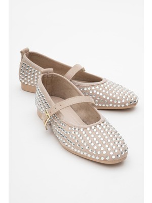 Ccway Kadın Kemerli Taşlı Küt Burunlu Babet Bej Gümüş