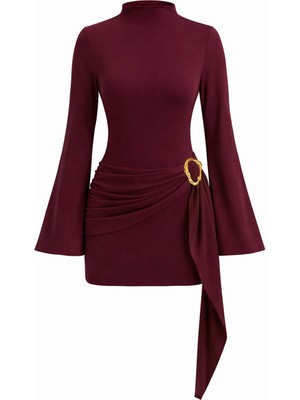 Mycparl Kadın Dik Yaka Toka Detaylı Kuşaklı Toparlayıcı Kalıp Mini Tasarım Elbise