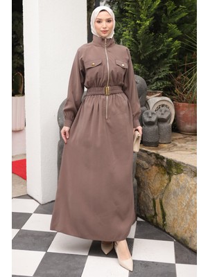 İmaj Butik Koyuv Vizon Fermuarlı Lastik Kemerli Elbise