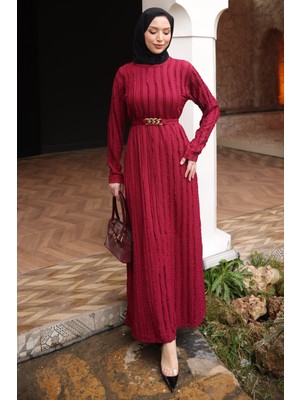 İmaj Butik Bordo Zincir Kemerli Fırfırlı Gofre Elbise